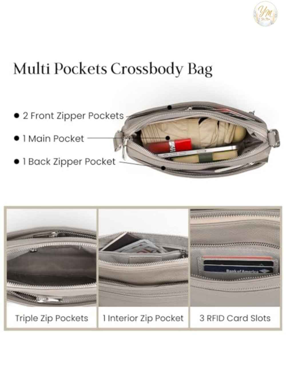Genuine Leather Crossbody Purse RFID Wallet Triple Zip Travel Bag - Picture 2 of 6